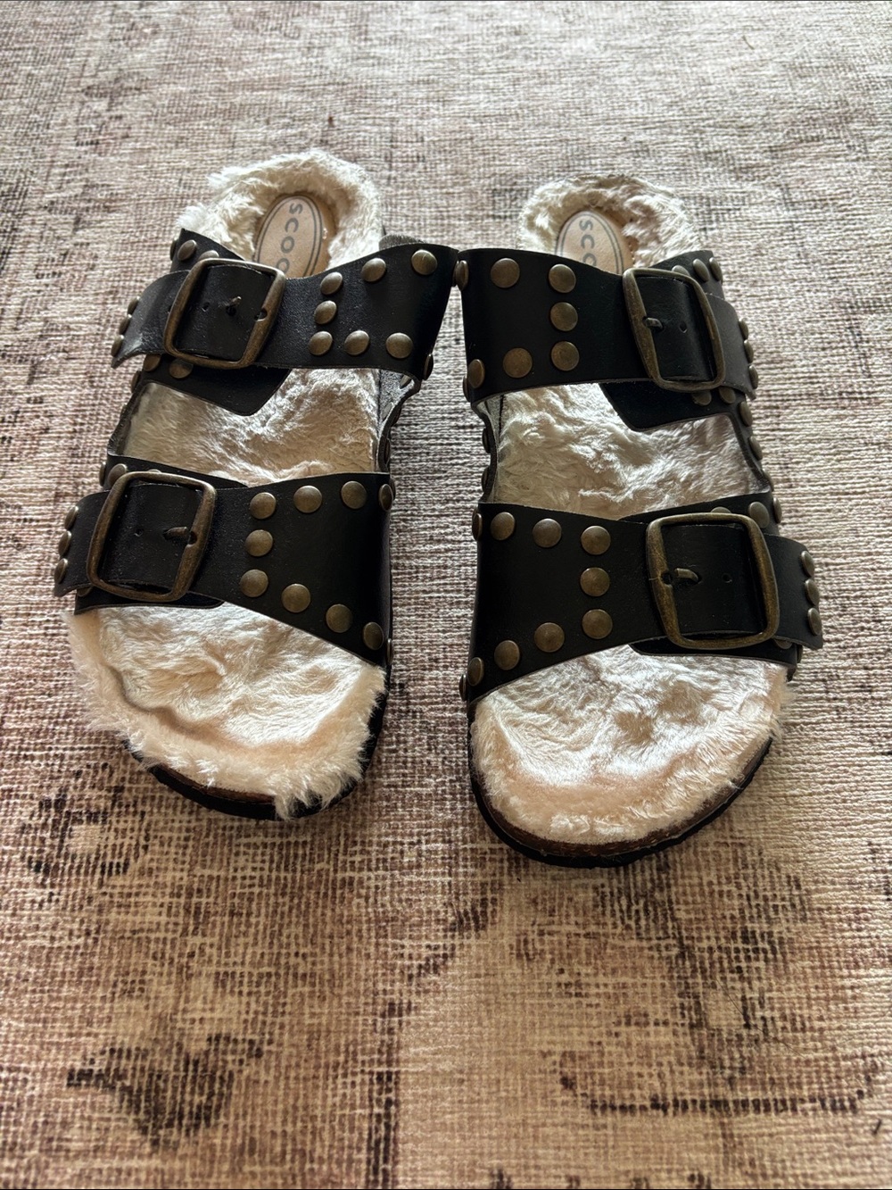 Black Studded Double-Buckle Slide Sandals with White Faux Fur Footbed